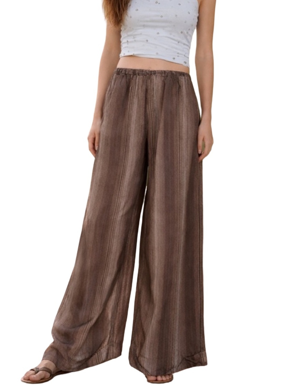 Brown Tan Wide Flare Stripe Leg Genie Palazzo Barrel Pull On Boho Artsy